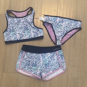 Girls Three-Piece Reversible Floral Sport Swim Set in Lavender & Navy